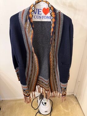 Women's Navy Open-Front Aztec Trim Cardigan with Fringe